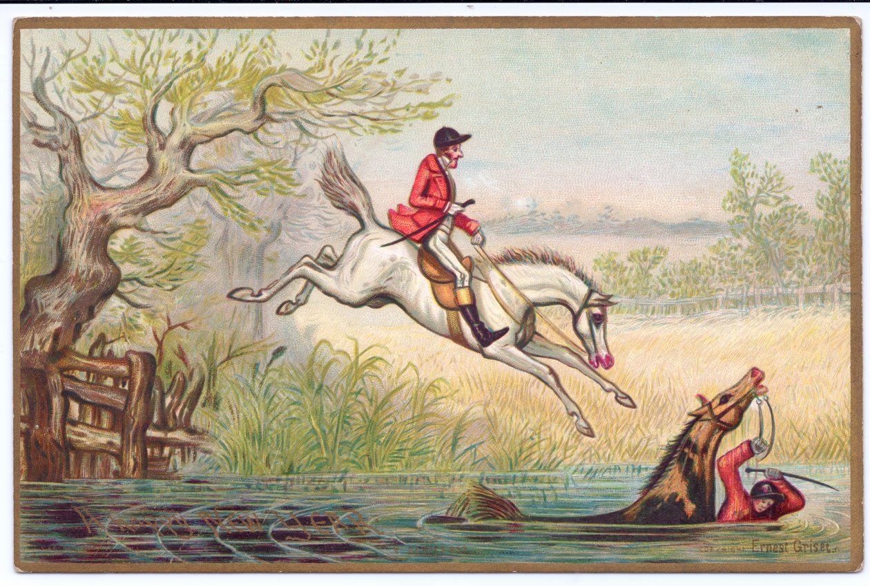 Tarjeta de Año Nuevo victoriana de una cacería de zorros con un cazador y su caballo cayendo en el río, c.1880 de Ernest Henry Griset
