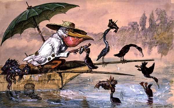 Cormoranes Presentando Peces a un Pelícano en una Barcaza bajo un Paraguas de 