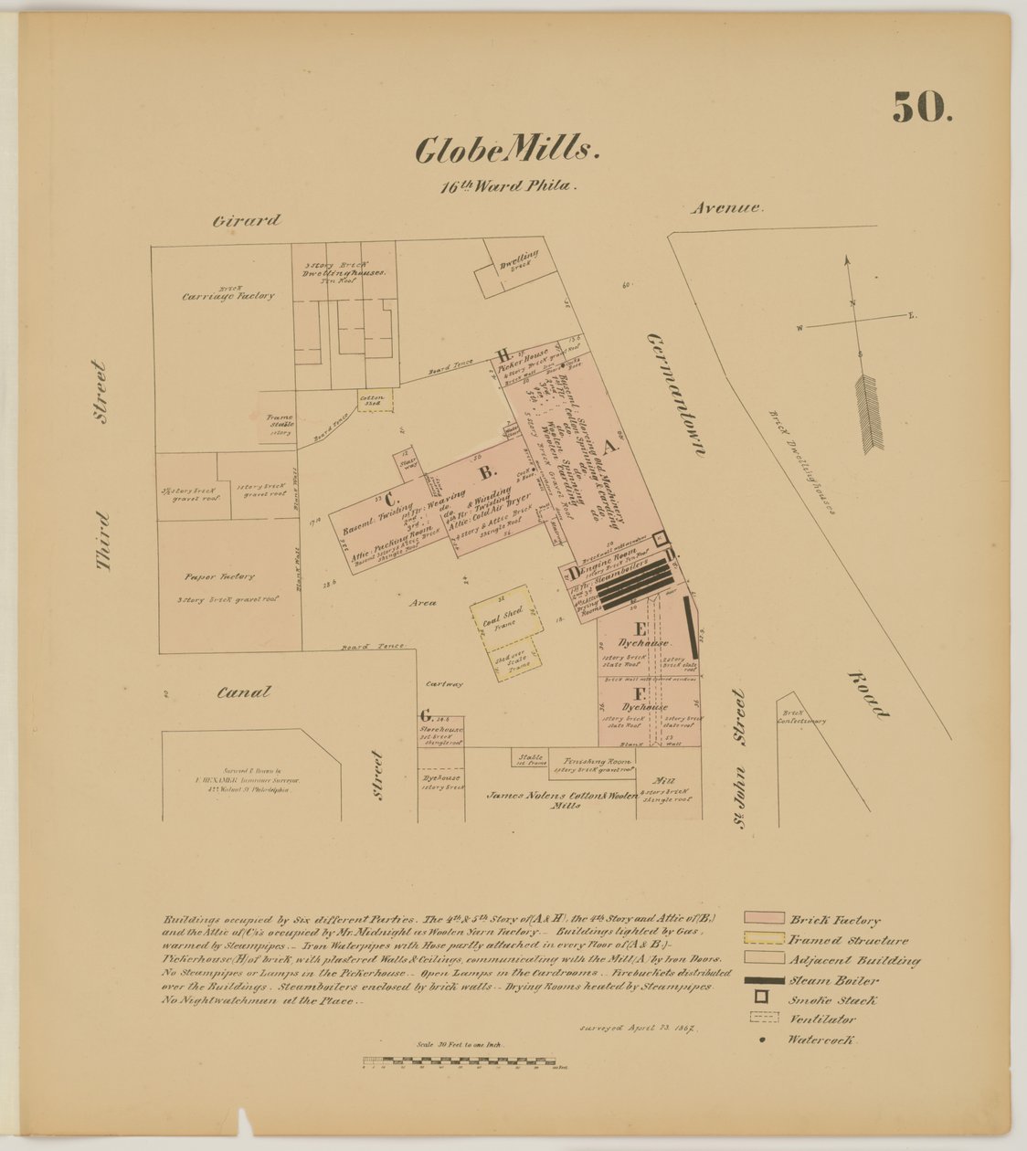 Girard Ave, Germantown Rd, 3rd St y Canal Street, Hexamer General Surveys, 1867 de Ernest Hexamer