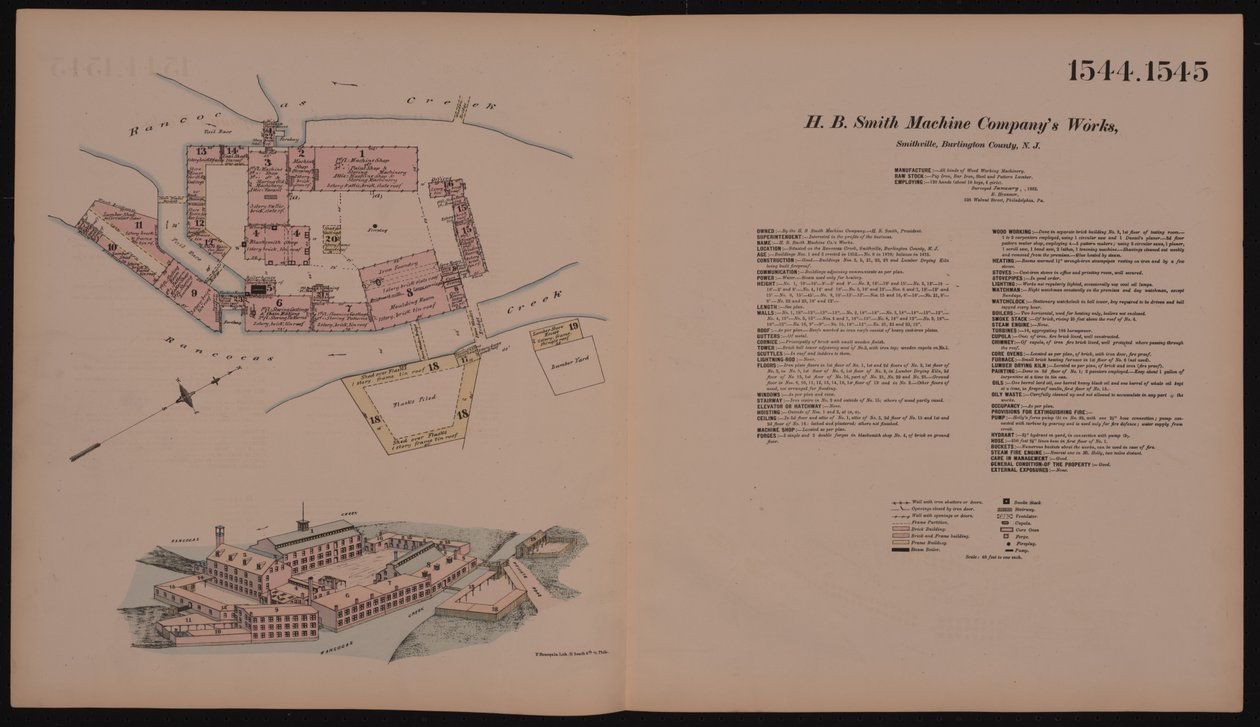 Obras de la Compañía de Máquinas H.B. Smith, Smithville, Burlington, Nueva Jersey, Hexamer General Survey, 1881 de Ernest Hexamer