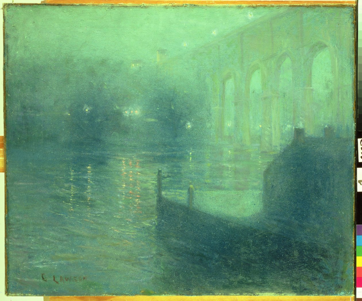 Río Harlem de noche, reflejo azul de Ernest Lawson