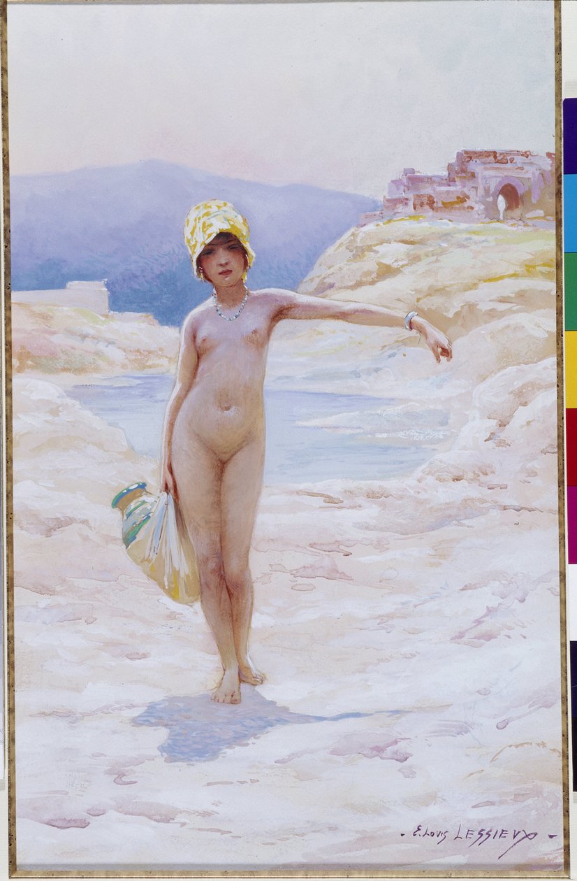 La niña argelina tiene la jarra Una niña desnuda con sombrero que lleva una jarra de agua cerca de una fuente de agua de un oasis en el desierto. Acuarela de Louis Ernest Lessieux (1874-1925) Mención obligatoria: Colección fondation regards de Provence, Ma de Ernest Louis Lessieux