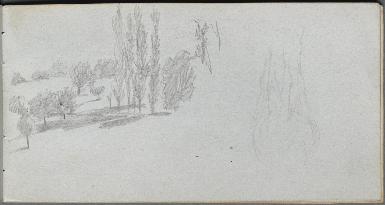 Cuaderno de bocetos, página 18: Estudio de un caballo y Estudio de paisaje de Ernest Meissonier