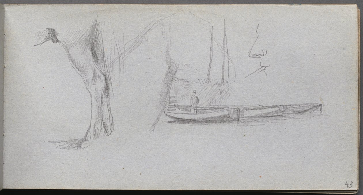 Cuaderno de bocetos, página 43: Estudios: Pierna de caballo, figura en un barco y perfil de Jean Louis Ernest Meissonier