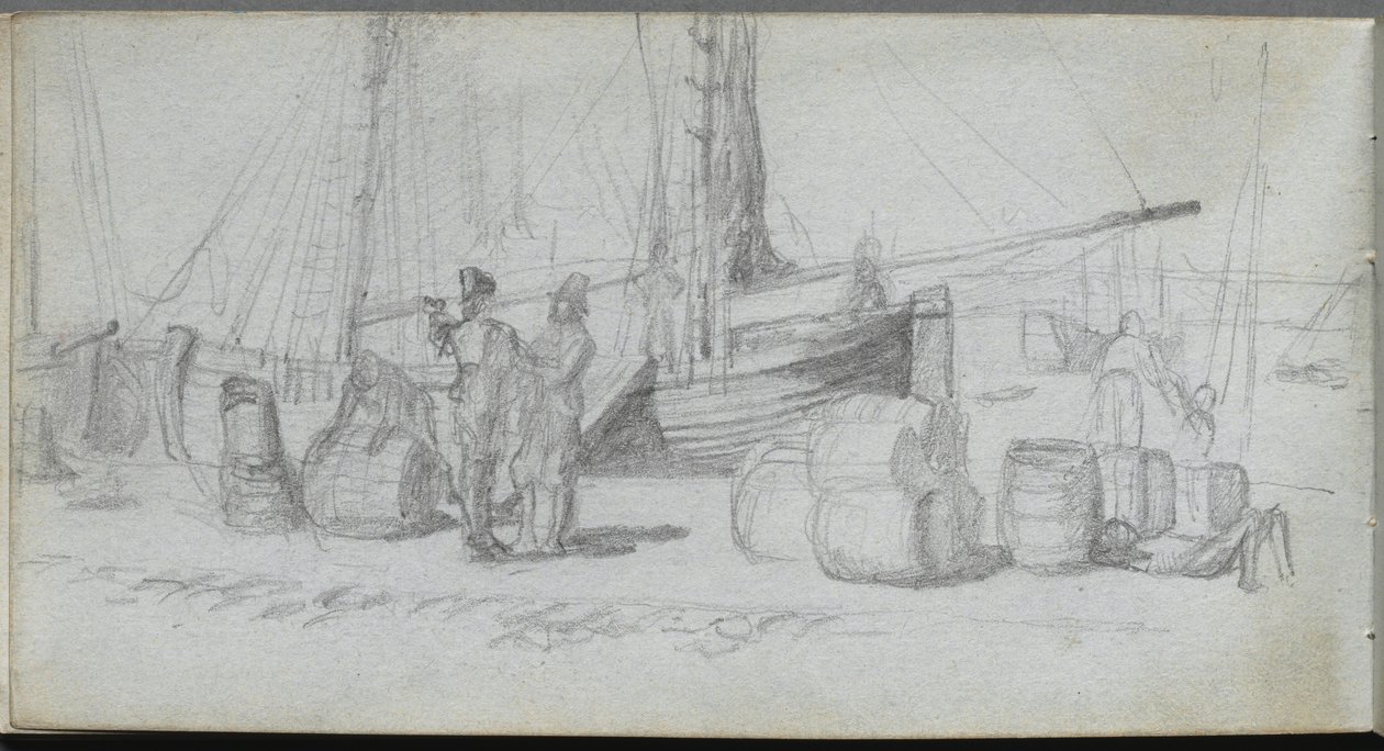 Cuaderno de bocetos, página 50: Barcos, figuras, carga en una playa de Jean Louis Ernest Meissonier