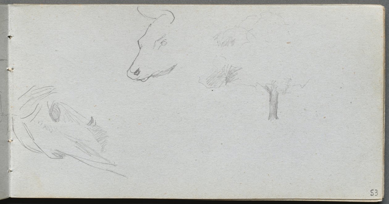 Cuaderno de bocetos, página 53: Estudios de animales y estudio de árboles de Jean Louis Ernest Meissonier