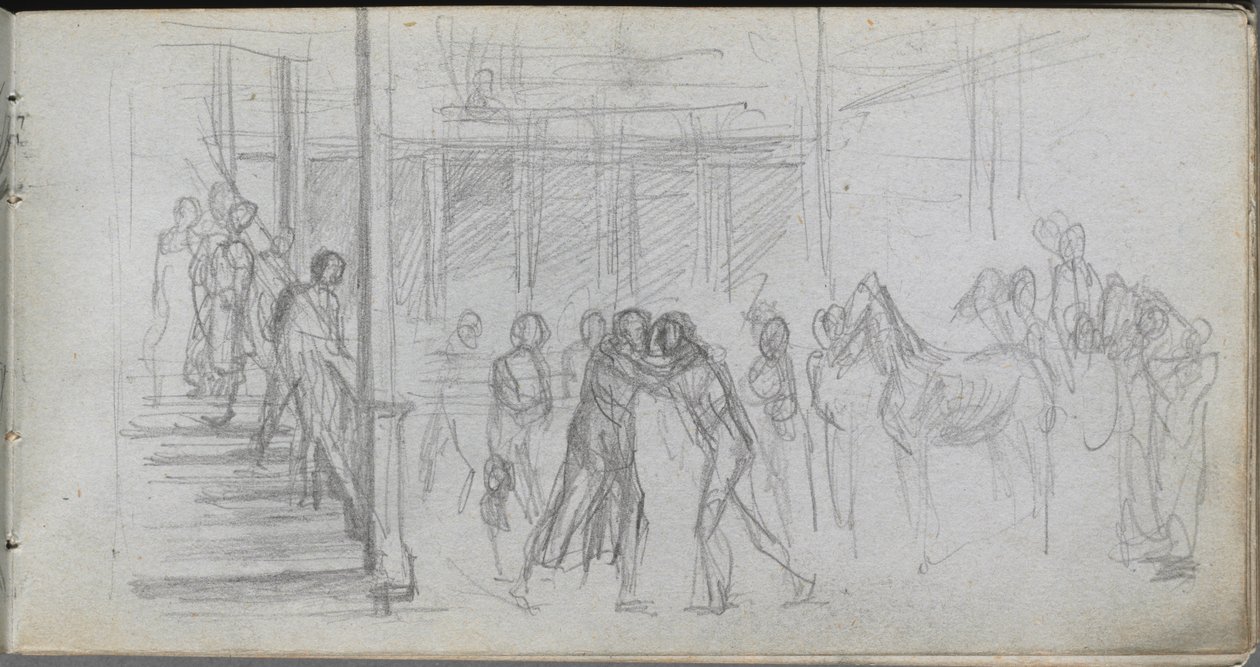 Cuaderno de bocetos, página 62: Estudio de figura, escalera, caballo de Jean Louis Ernest Meissonier