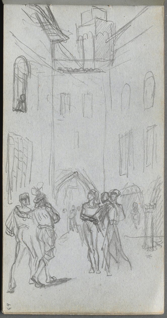 Cuaderno de bocetos, página 63: Figuras en un patio de Jean Louis Ernest Meissonier