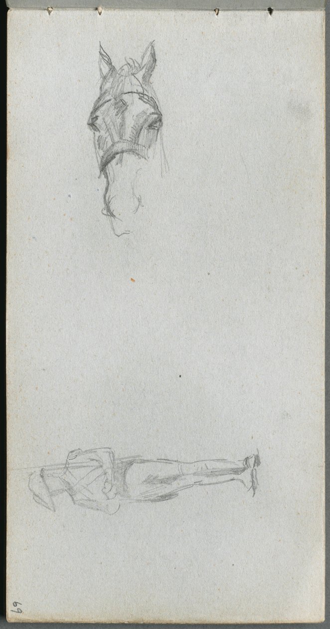 Cuaderno de bocetos, página 69: Estudio de una mano, un caballo y una figura de Ernest Meissonier