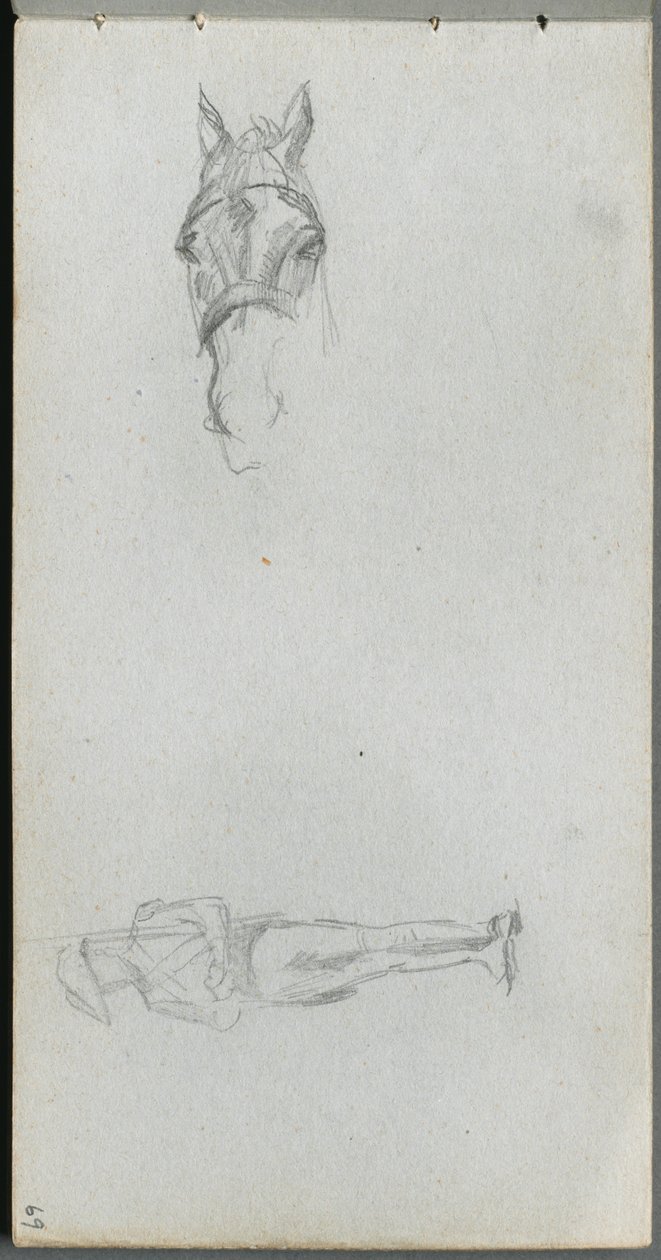 Cuaderno de bocetos, página 69: Estudio de una mano, un caballo y una figura de Jean Louis Ernest Meissonier