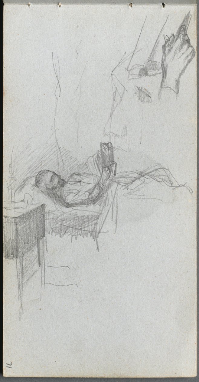 Cuaderno de bocetos, página 71: Estudio de una figura leyendo en la cama, estudio de una mano de Jean Louis Ernest Meissonier