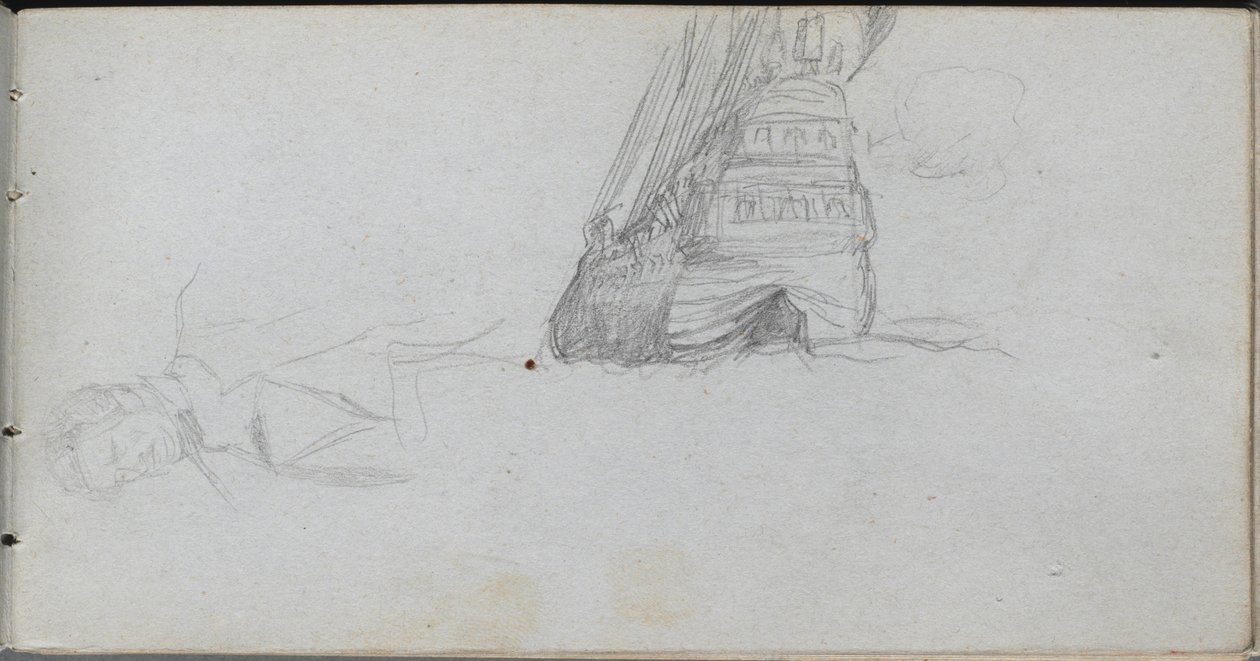 Cuaderno de bocetos, página 84: Estudio de figura, Estudio de un barco de Jean Louis Ernest Meissonier