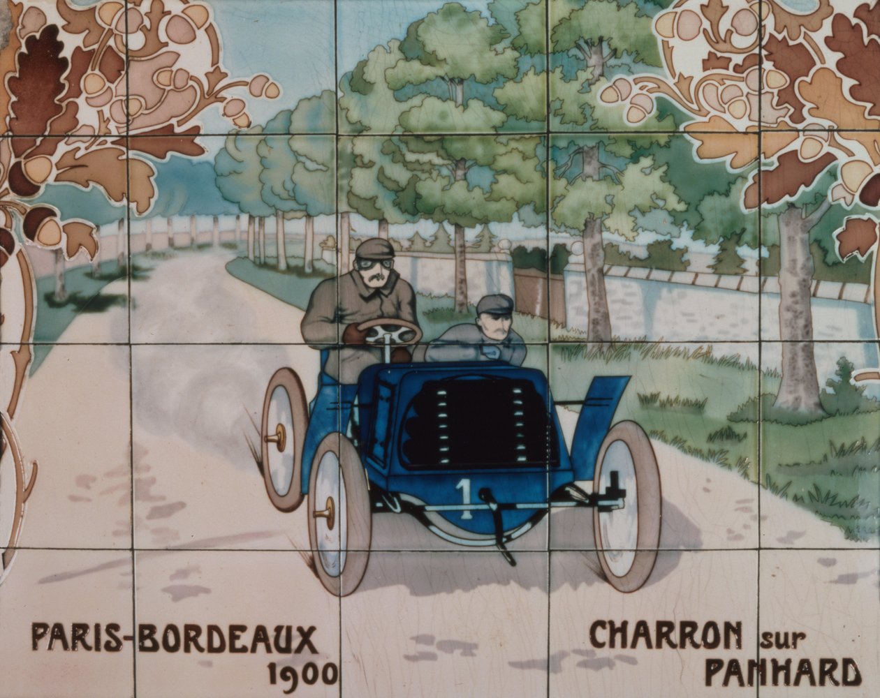 Charron conduciendo un coche Panhard en la carrera de París a Burdeos de 1900: azulejos de cerámica fabricados por Gilardoni Fils et Cie de París, según un dibujo de Ernest Montaut (1878-1909). de Ernest Montaut