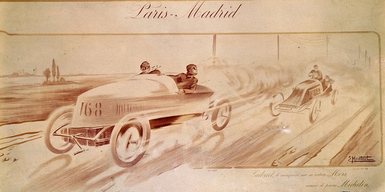 Carreras de autos: "París Madrid": Gabriel ganador en Mors equipado con neumáticos Michelin. Ilustración 1903 de Ernest Montaut