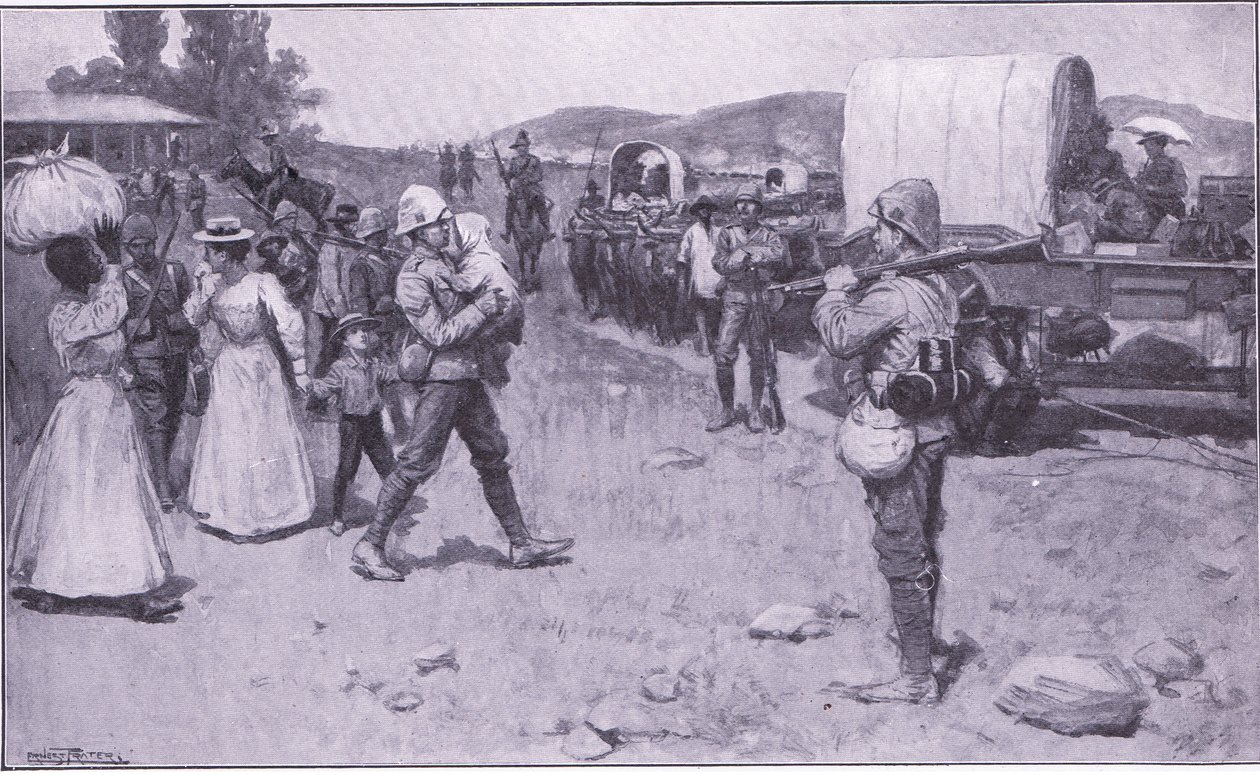 Soldados británicos asistiendo a refugiados bóer (ilustración de After Pretoria: The Guerilla War, 1902) de Ernest Prater