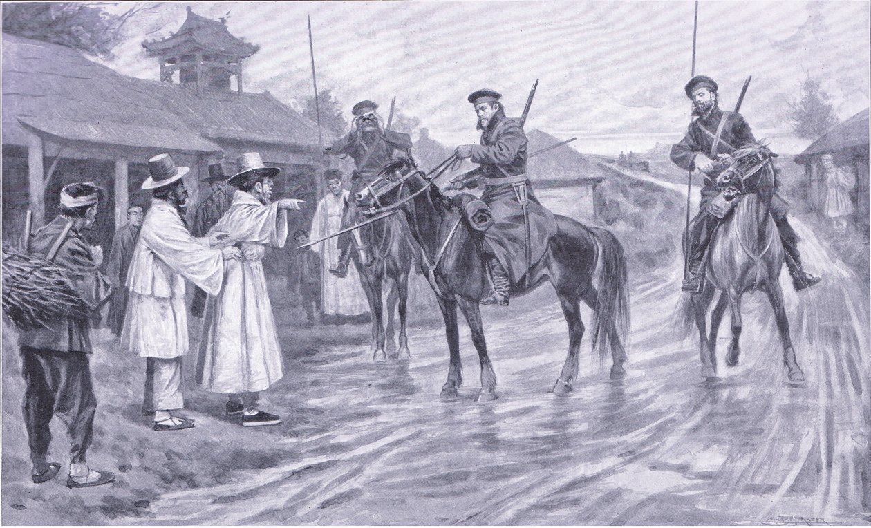 Exploradores cosacos obteniendo información de un cautivo coreano, ilustración de Cassells History of the Russo-Japanese War Vol 1, c.1900 de Ernest Prater