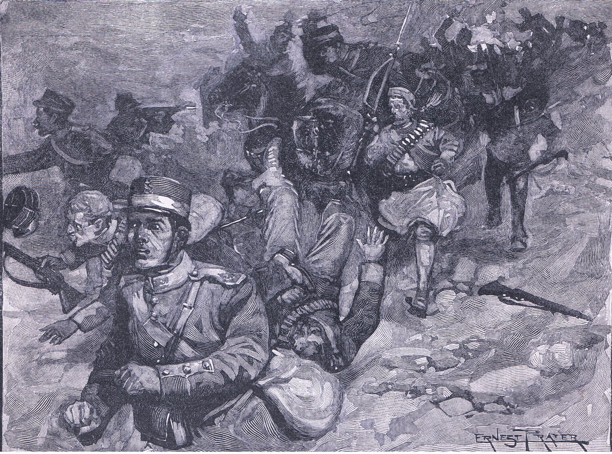 Huida de los griegos en Larissa, ilustración de la Historia de Inglaterra de Cassell, 1900s de Ernest Prater