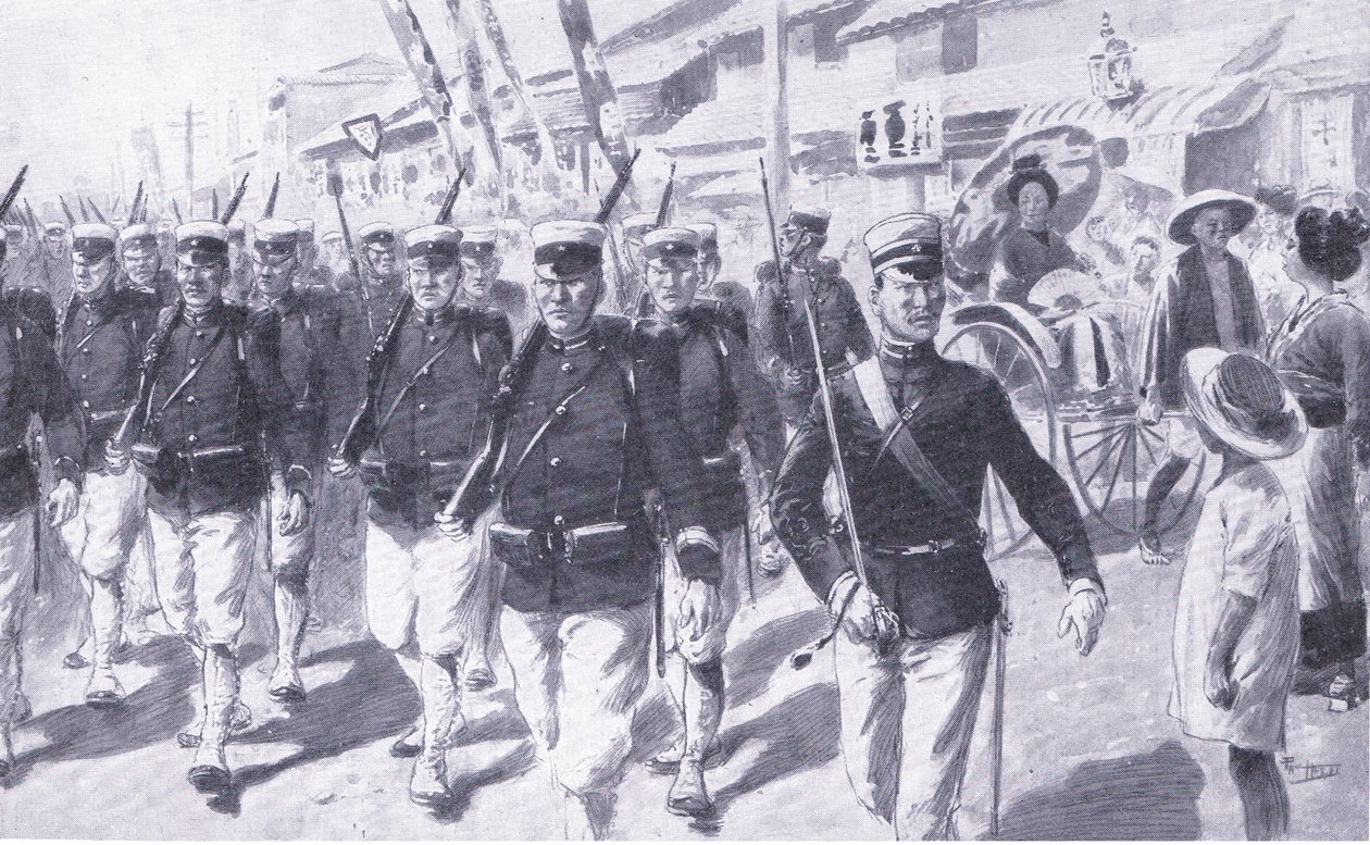 Japoneses marchando por Tokio, ilustración de la Historia de la Guerra Ruso-Japonesa de Cassell Vol 1, c.1900 de Ernest Prater