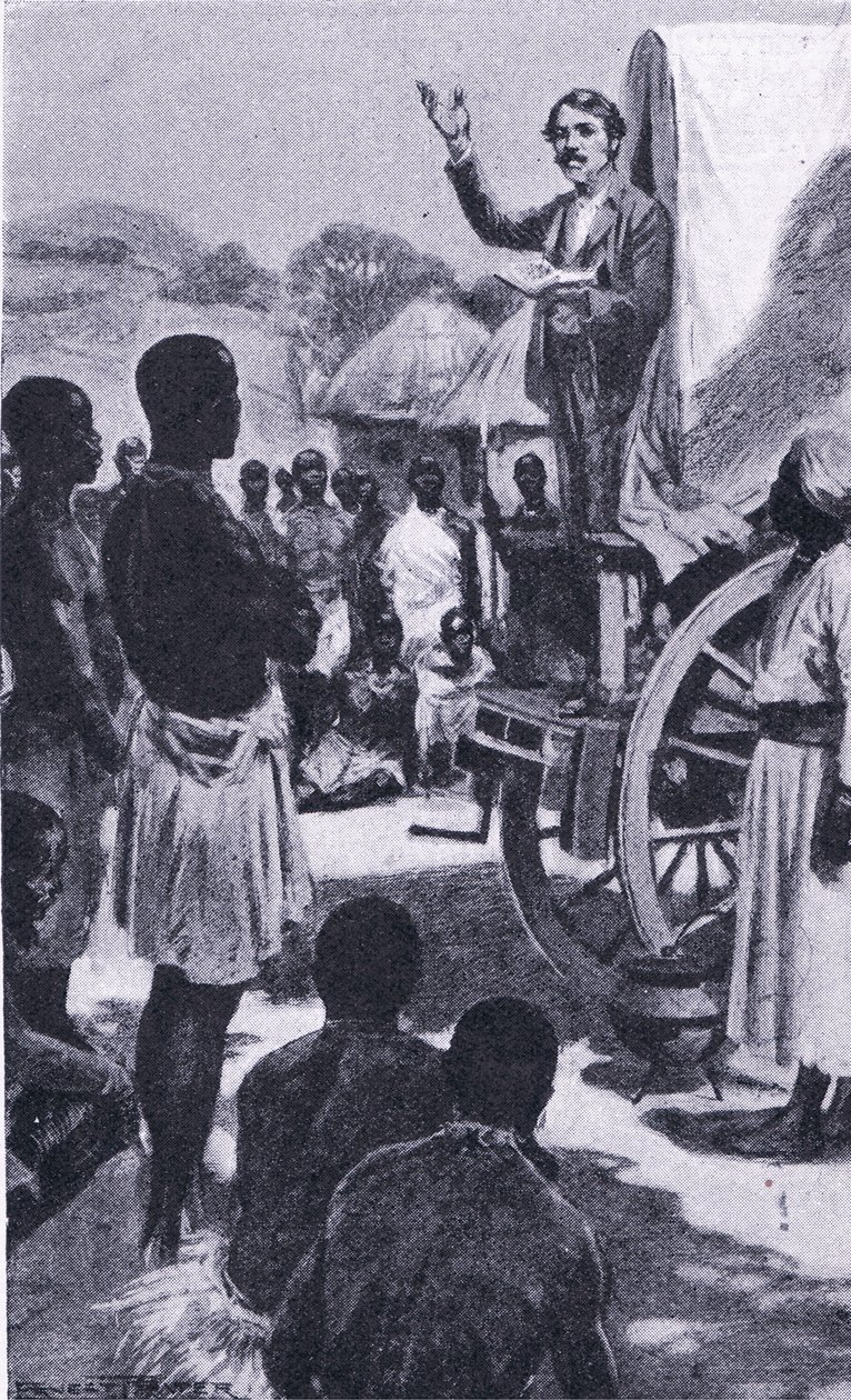 Predicando a los Makololo: Livingstone (ilustración de Cassells Romance of Famous Lives, c.1940) de Ernest Prater