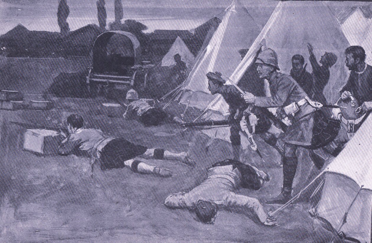 El ataque al campamento británico en la plaza del mercado de Jacobsdal (ilustración de After Pretoria: The Guerilla War, 1902) de Ernest Prater