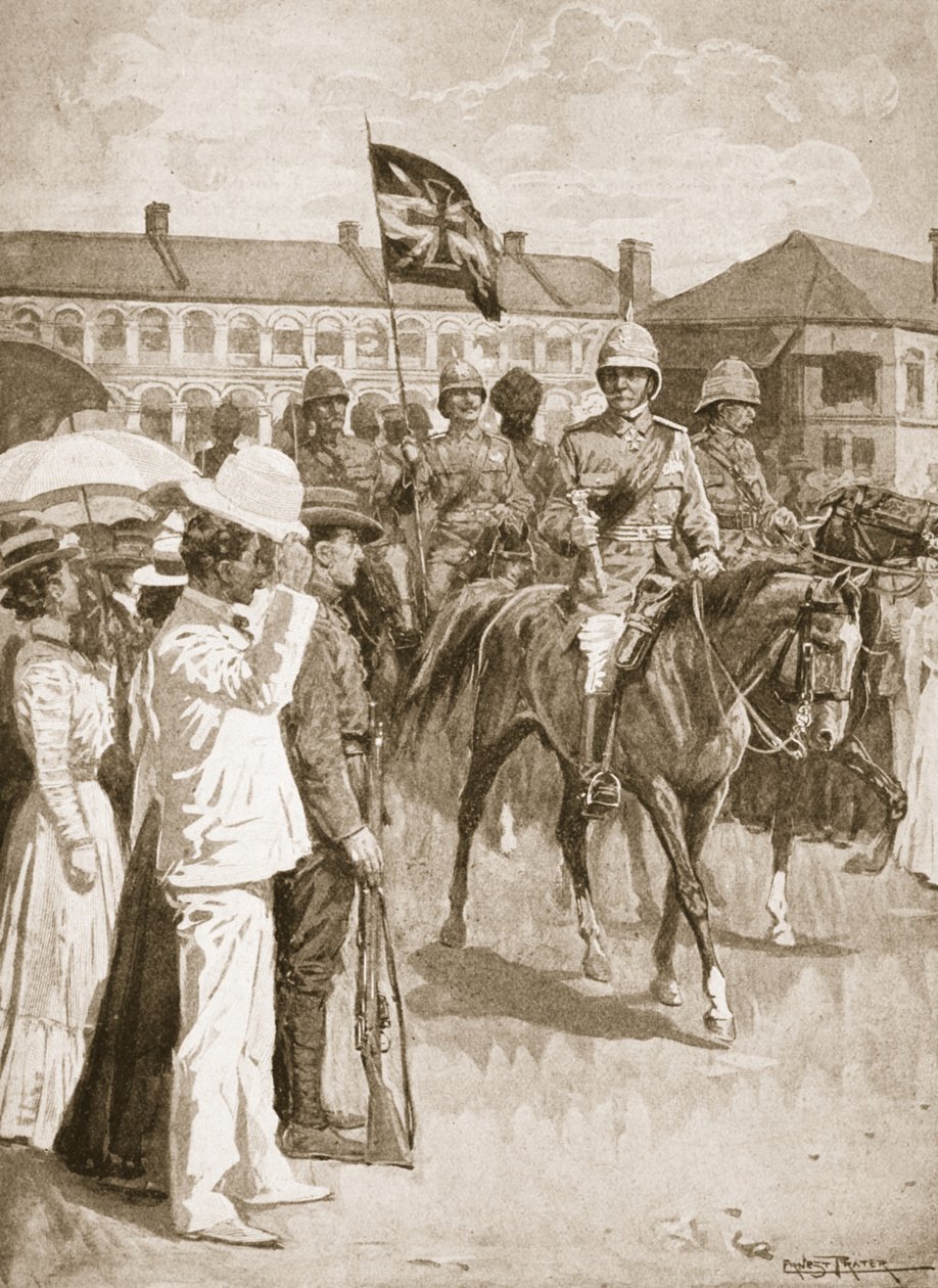 El líder de los Aliados, ilustración de Batallas del siglo XIX: Vol. VII, La guerra china de 1900-1901 de Archibald Forbes, G.A. Henty y el Mayor Arthur Griffiths de Ernest Prater