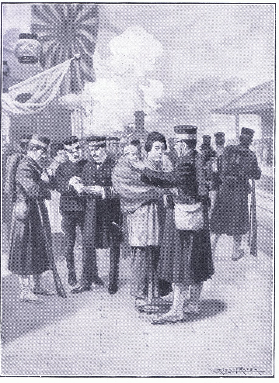 Tropas saliendo de Tokio, ilustración de Cassells History of the Russo-Japanese War Vol 1, c.1900 de Ernest Prater