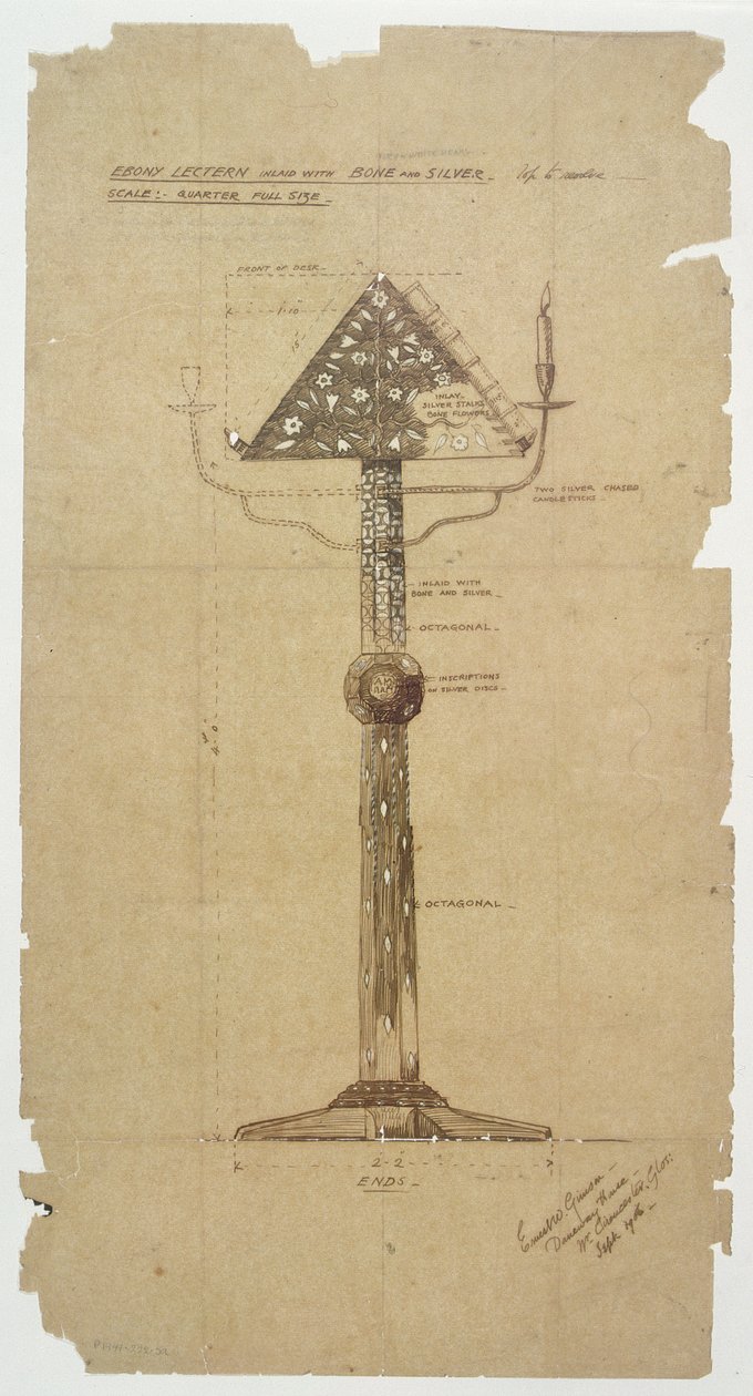 Diseño para Atril de Ébano con Incrustaciones de Hueso y Plata para la Iglesia de San Andrés, Roker 1906 de Ernest William Gimson