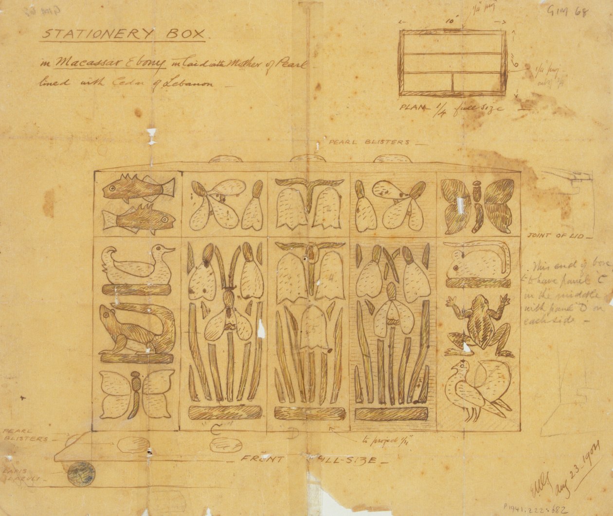 Diseño para Caja de Papelería en Ébano de Macasar con Incrustaciones de Nácar, 1904 de Ernest William Gimson