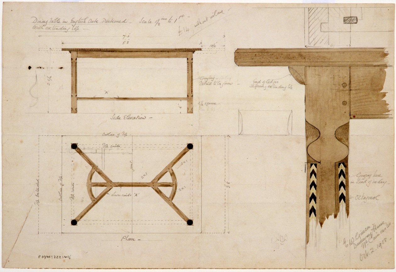 Diseño para una mesa de comedor en roble inglés, oscurecido, con un travesaño de rastrillo, 2 de Octubre de 1908 de Ernest William Gimson