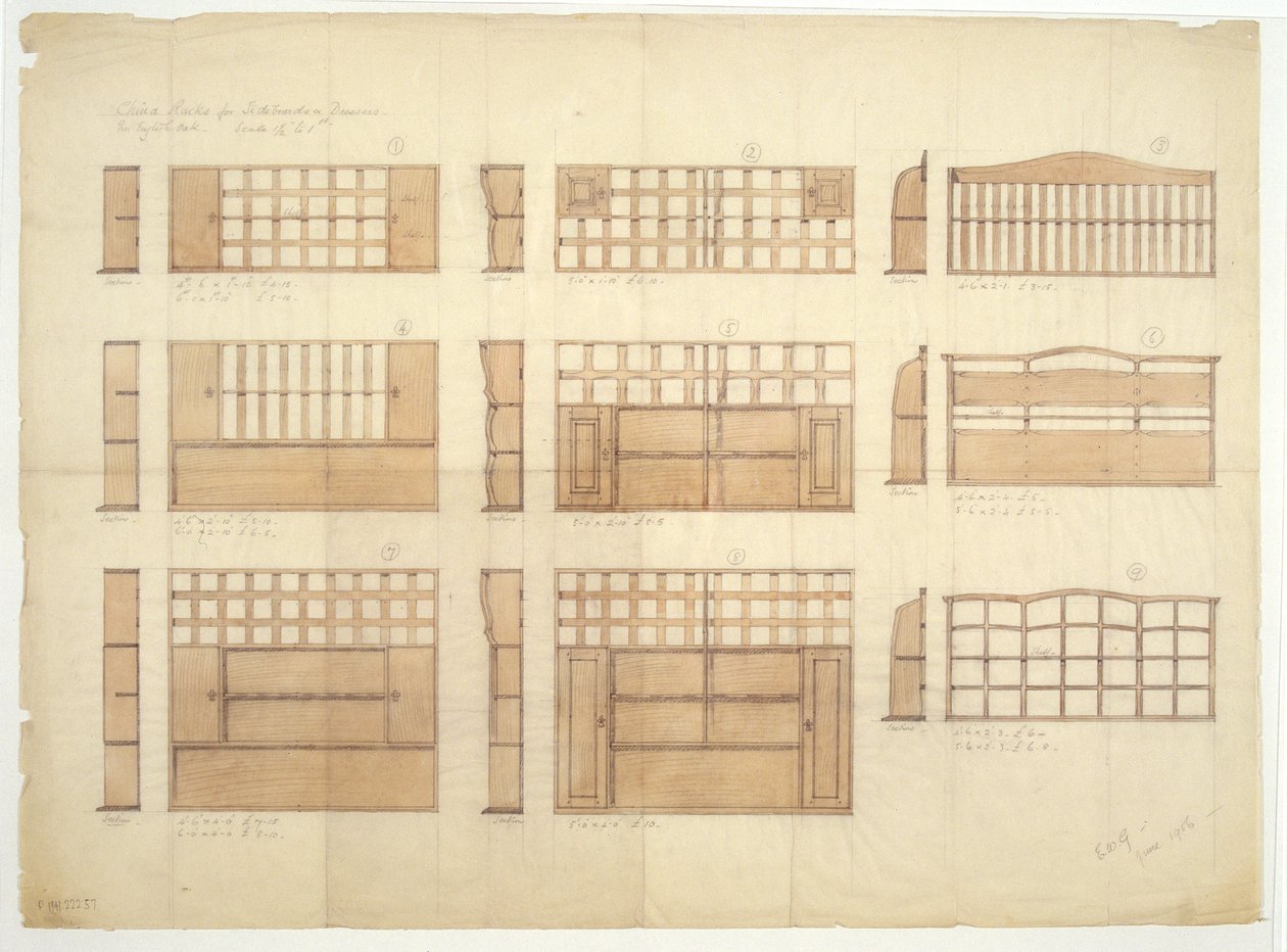 Diseños para Estantes de China, Aparadores y Cómodas en Roble Inglés, 1906 de Ernest William Gimson