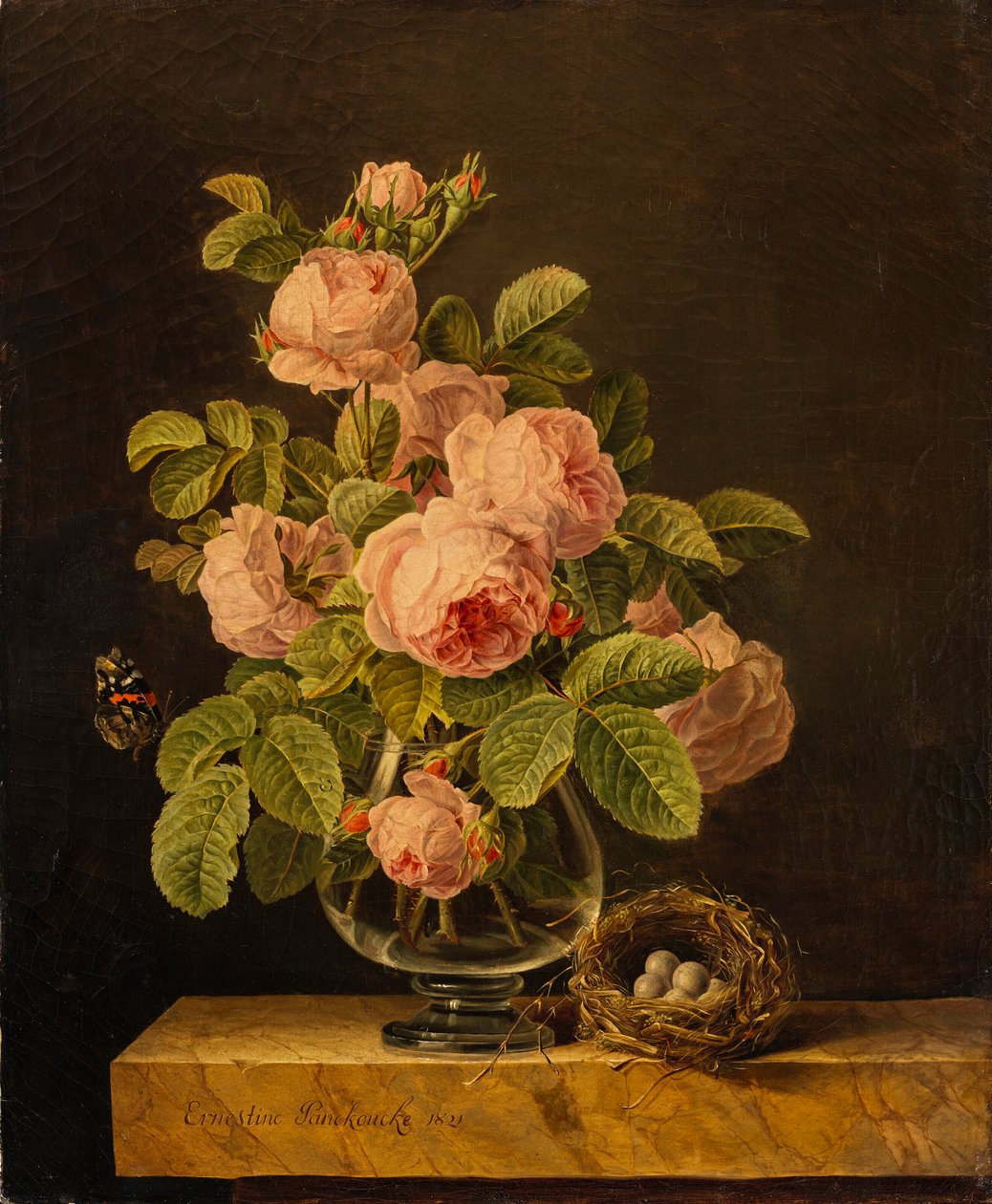 Ernestine Panckoucke - Un jarrón de rosas con una mariposa y un nido en una repisa de Ernestine Panckoucke