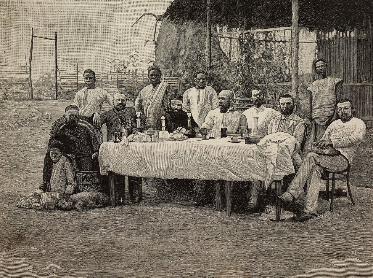 Banquete de la sociedad antiesclavista en el consulado italiano en Boma, República Democrática del Congo, grabado de Ernesto Mancastropa a partir de una fotografía de Giuseppe Corona, de L