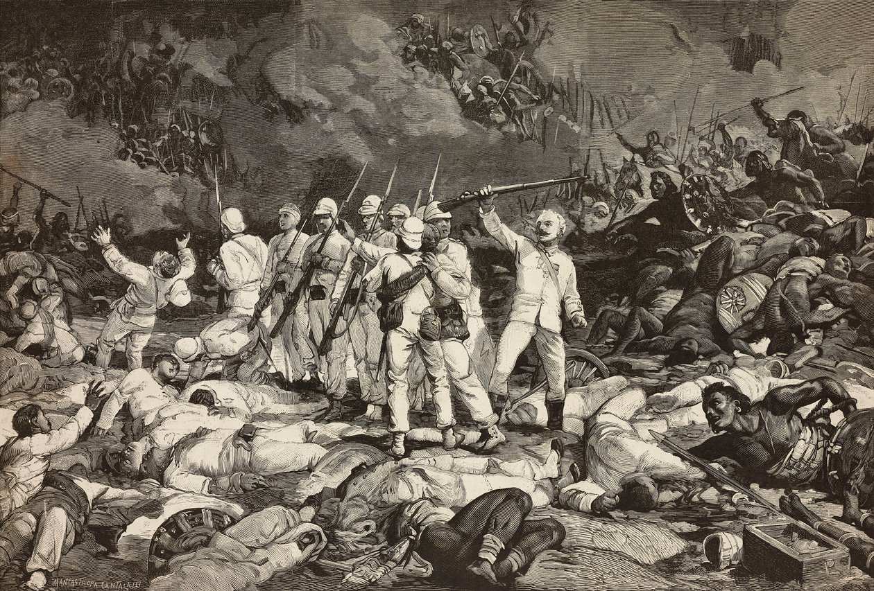 Batalla de Dogali, últimos supervivientes presentando las armas, saludando a los caídos, Guerra de Eritrea, grabado de Ernesto Mancastroppa y Cantagalli a partir de un dibujo y una composición de Ludovico Pogliaghi, de L