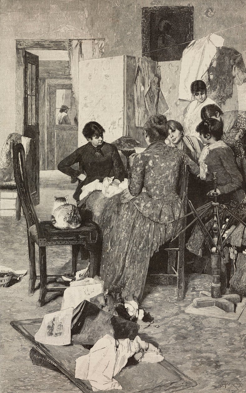 El me dise la so rossa, mujer leyendo una carta, del cuadro de Giacomo Favretto, grabado de Ernesto Mancastropa de L