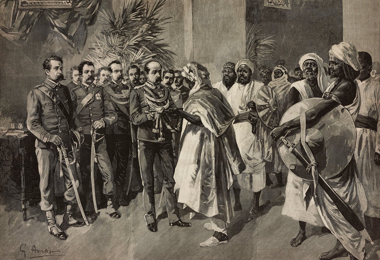 General Tancredi Saletta ofreciendo la espada a Kantibai, jefe de Abab, Massawa, Guerra de Eritrea, grabado de Ernesto Mancastroppa a partir de un dibujo de G Amato, de L