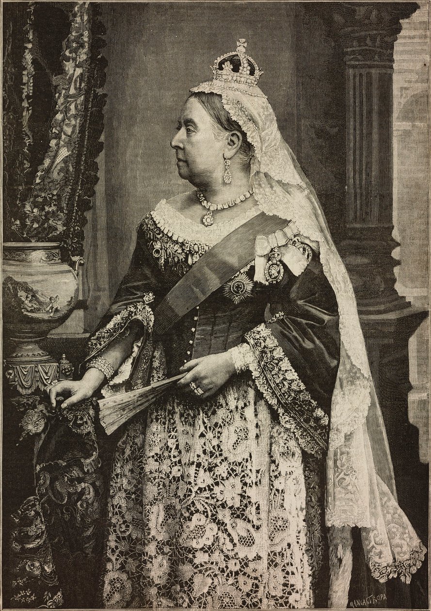Su Majestad la Reina Victoria en la celebración del 50 aniversario de su Coronación, grabado de Ernesto Mancastroppa a partir de una foto de Walery, de L