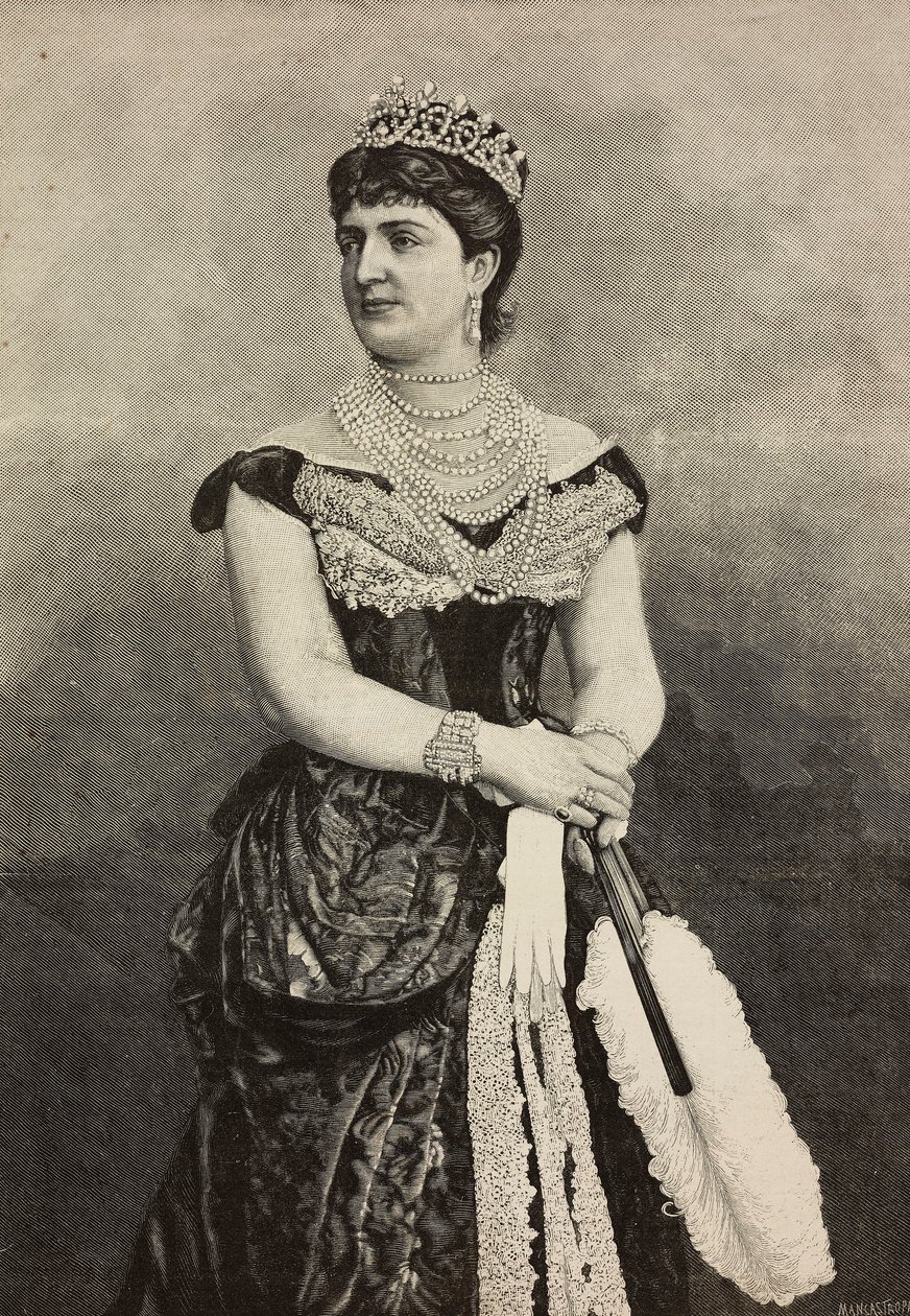 Margarita de Saboya (1851-1926), reina de Italia de 1878 a 1900, foto de Cattani, Bertelli y de Hagen, grabado de Ernesto Mancastroppa de L