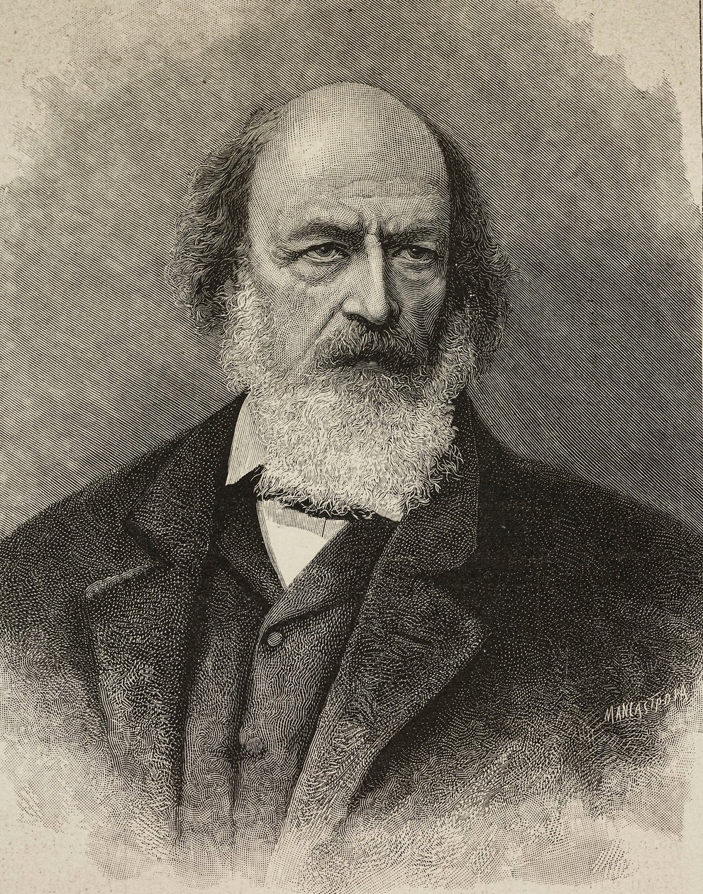 Retrato de Alfred Tennyson (1809-1892), poeta británico, grabado de Ernesto Mancastroppa a partir de una fotografía de Barraud, de L