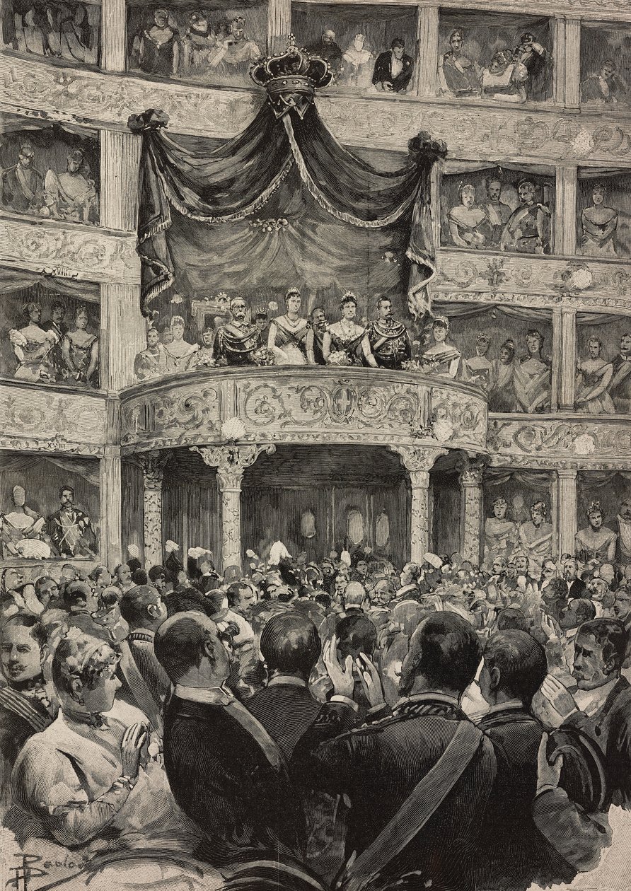 Umberto I y Margarita de Saboya, acompañados por soberanos de Alemania, en el Teatro Argentina con motivo de las bodas de plata, 21 de abril de Ernesto Mancastroppa
