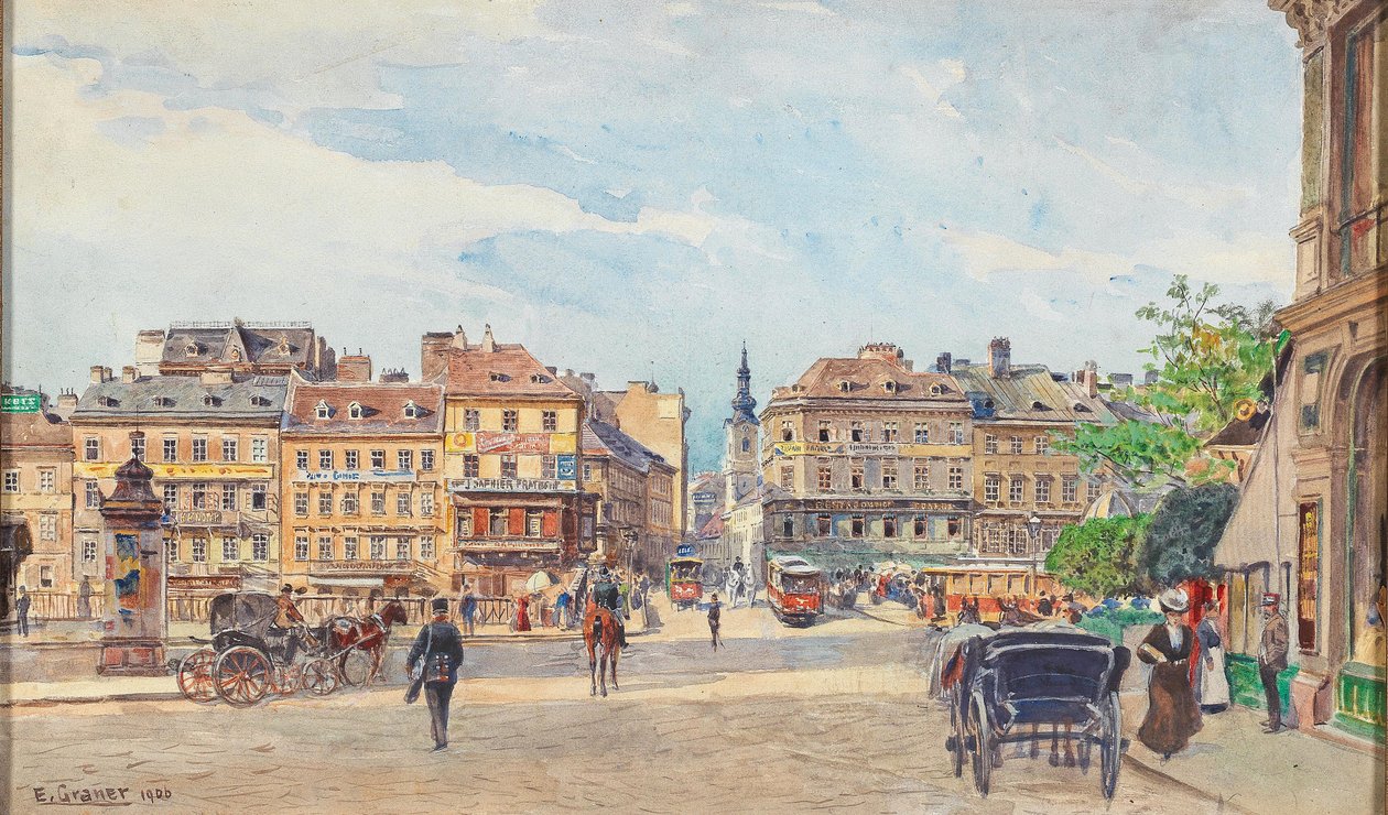 Canal del Danubio con el puente Ferdinand y vista a la calle Tabor de Ernst Graner