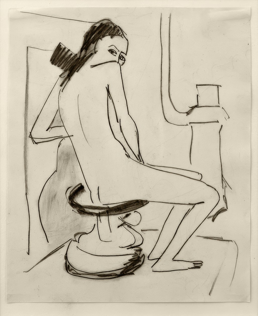 Sin título (Marcella en taburete africano tallado con estufa...) de Ernst Ludwig Kirchner