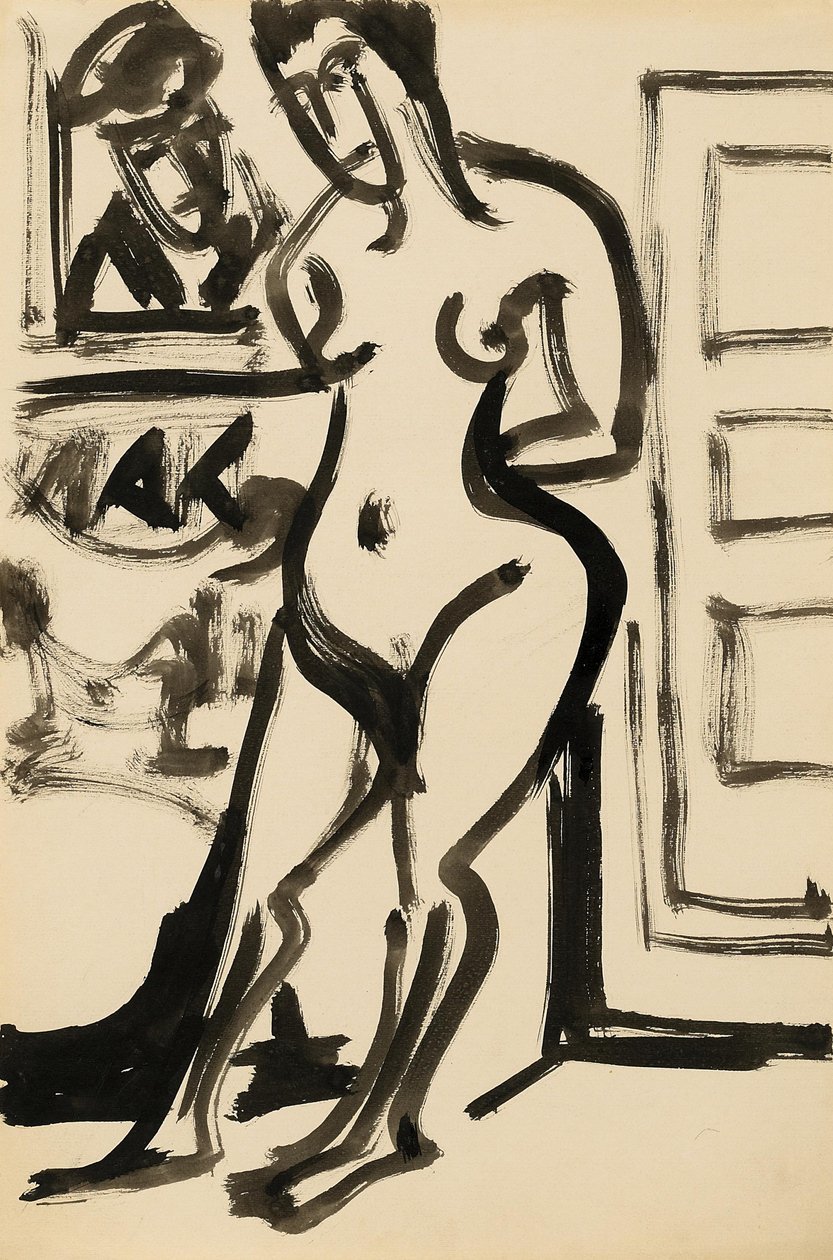Desnudo de pie frente a una pintura en el estudio de Ernst Ludwig Kirchner