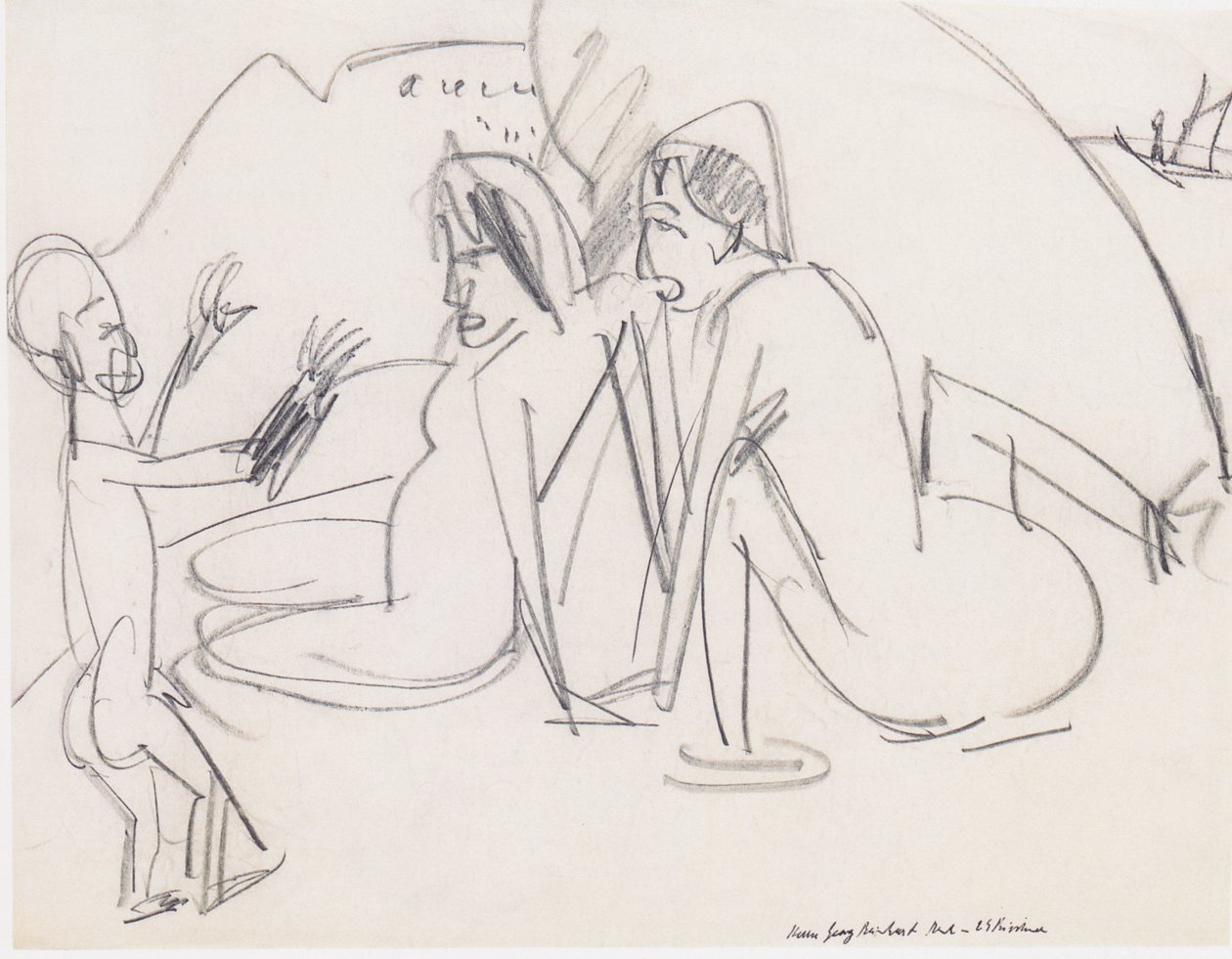 Dos mujeres y escultura en la playa de Ernst Ludwig Kirchner