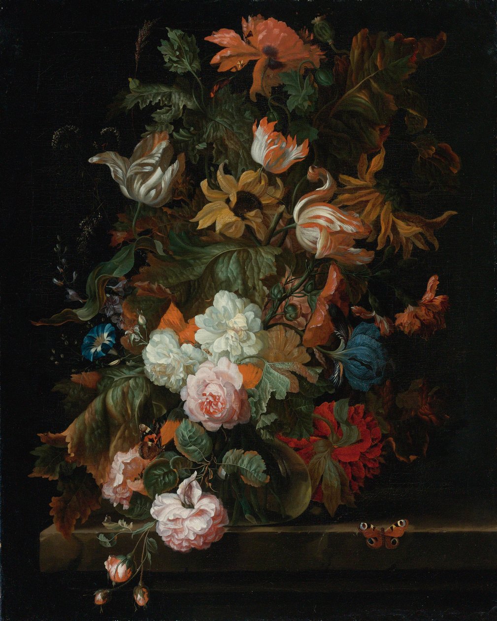 Naturaleza muerta con flores en un jarrón de vidrio con mariposa de Ernst Stuven