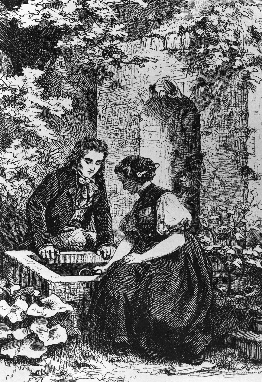 Hermann y Dorothy en la fuente, ilustración para Hermann y Dorothea, idilio de Johann Wolfgang von Goethe (1749-1832), grabado según dibujo de Ernst Bosch (1834-1917) de Ernst Bosch