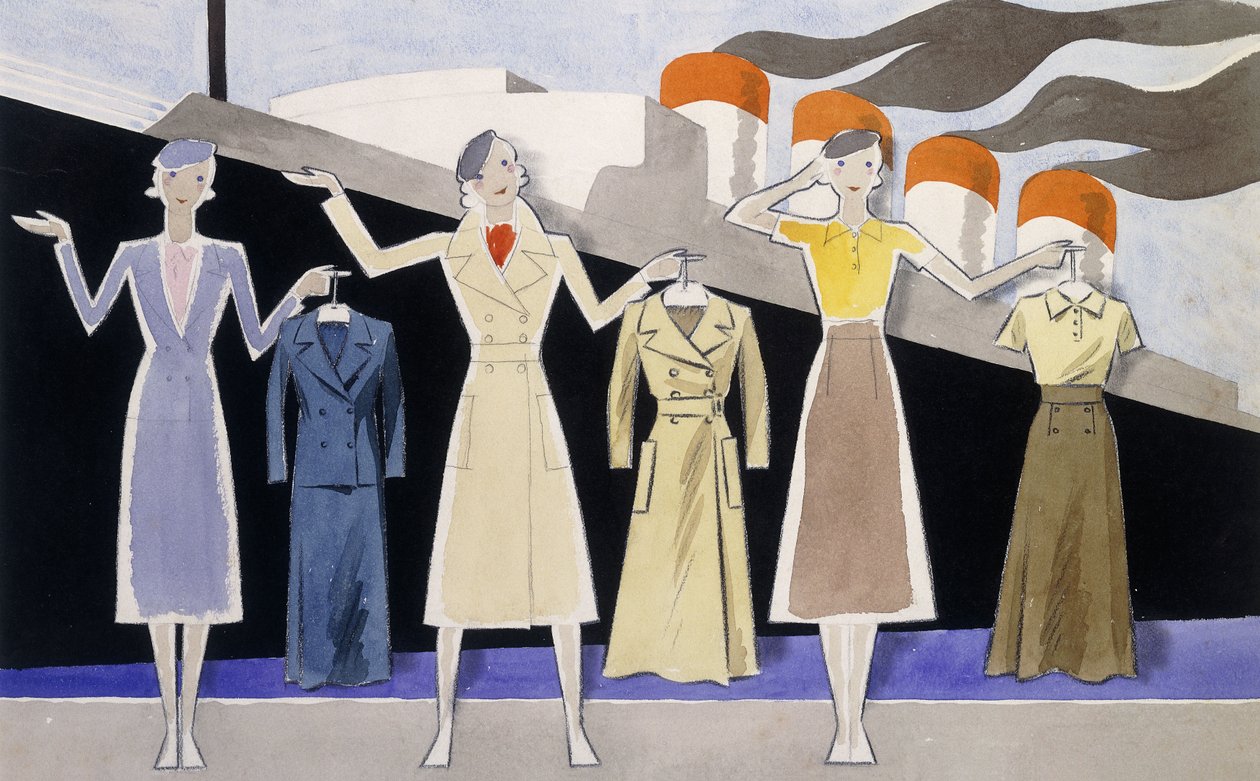 Diseño de moda que muestra tres modelos femeninas sosteniendo prendas en perchas, con un barco de vapor en el fondo de Ernst Deutsch Dryden