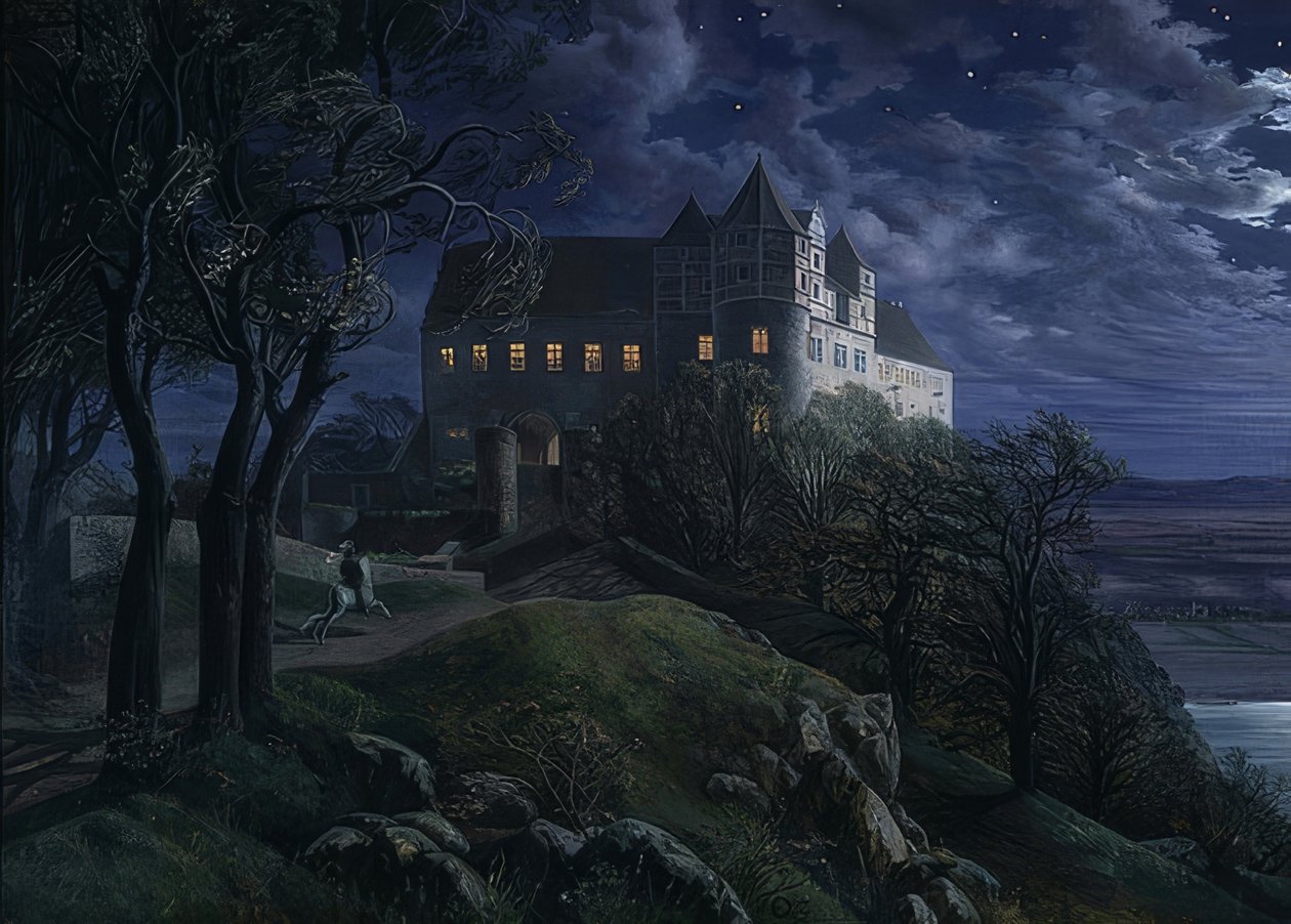 Castillo Scharfenberg de noche de Ernst Ferdinand Oehme