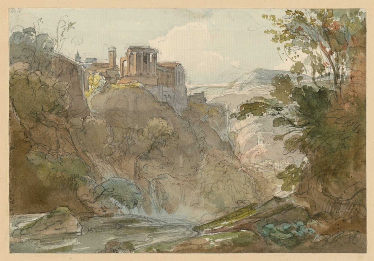 Paisaje montañoso con el templo de la Sibila en Tívoli de Ernst Fries