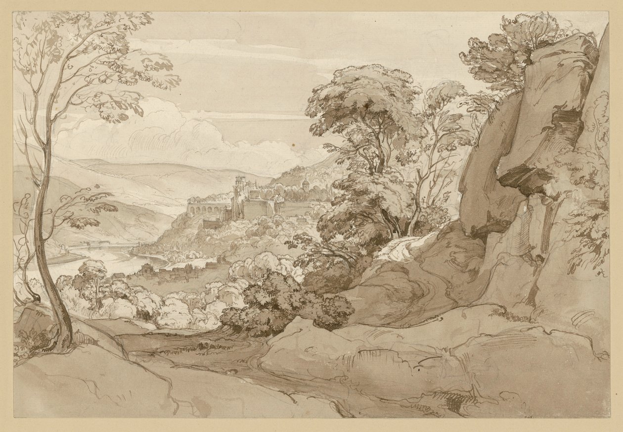 Vista del castillo de Heidelberg, con una ladera rocosa al primer plano de Ernst Fries