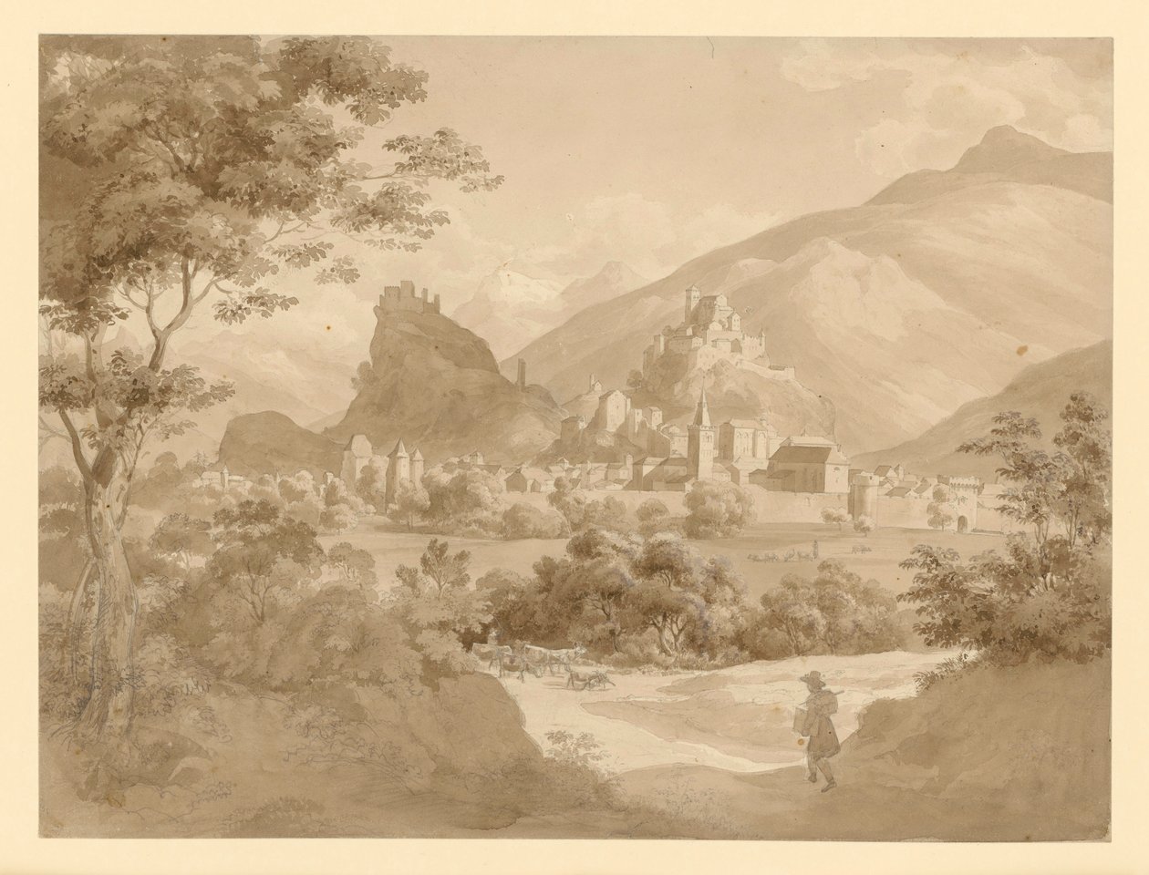 Vista de una pequeña ciudad fortificada y dos castillos en un paisaje montañoso, con un pintor en primer plano de Ernst Fries
